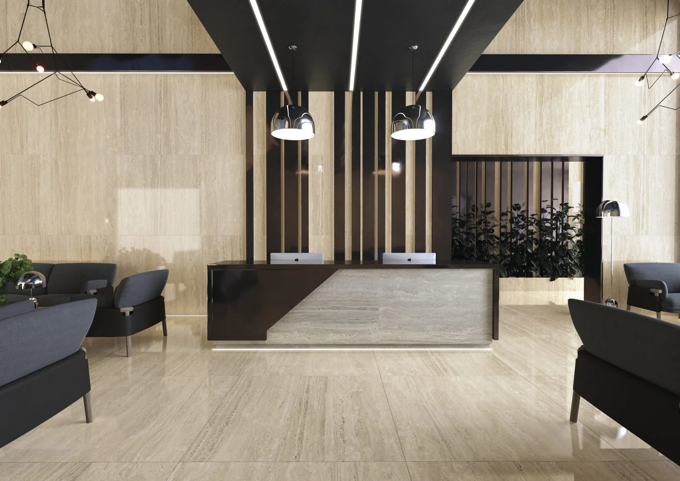 Réception d’hôtel habillée de carrelage Cifre Liceo Ivory et Grey
