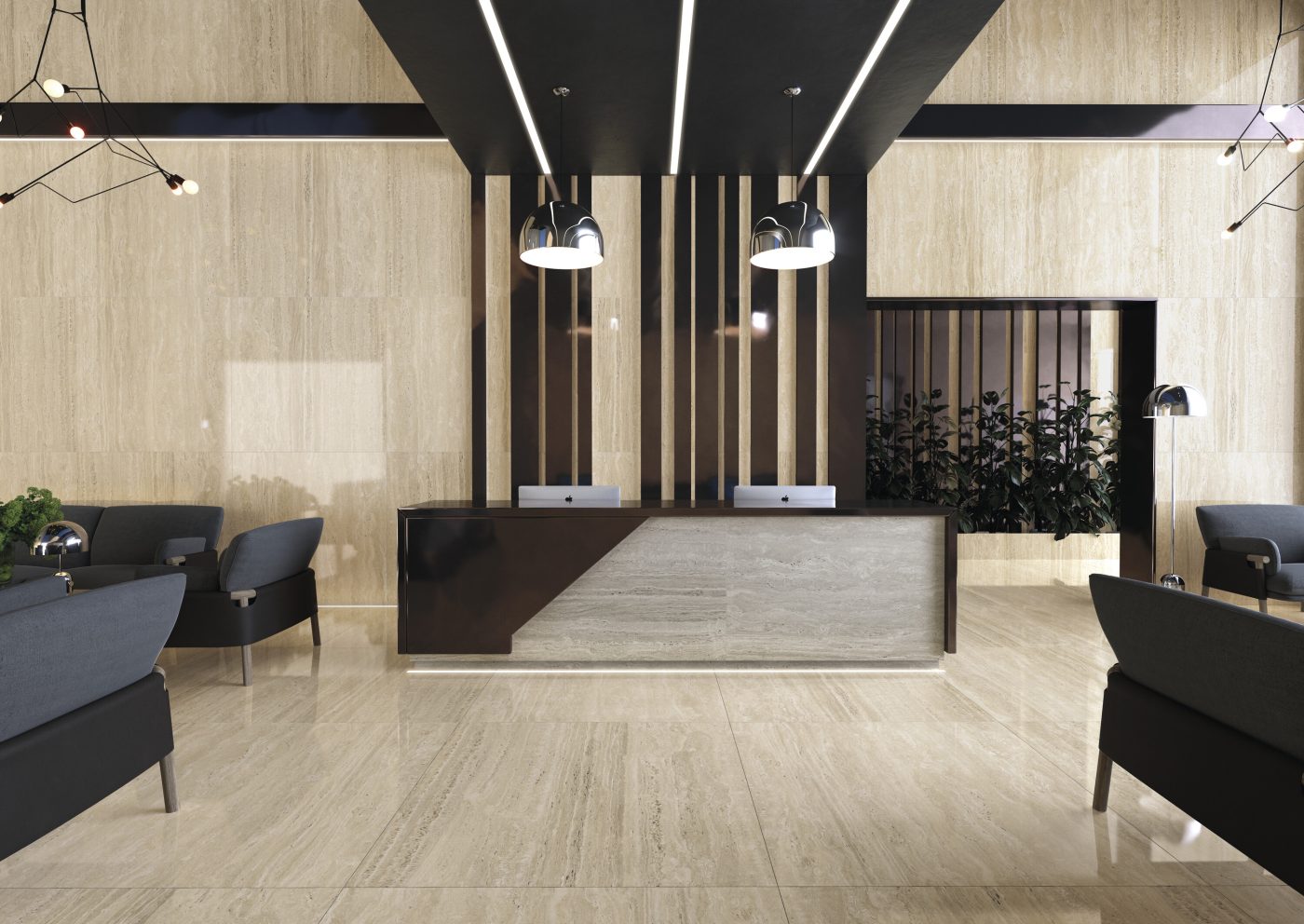 Réception d’hôtel habillée de carrelage Cifre Liceo Ivory et Grey
