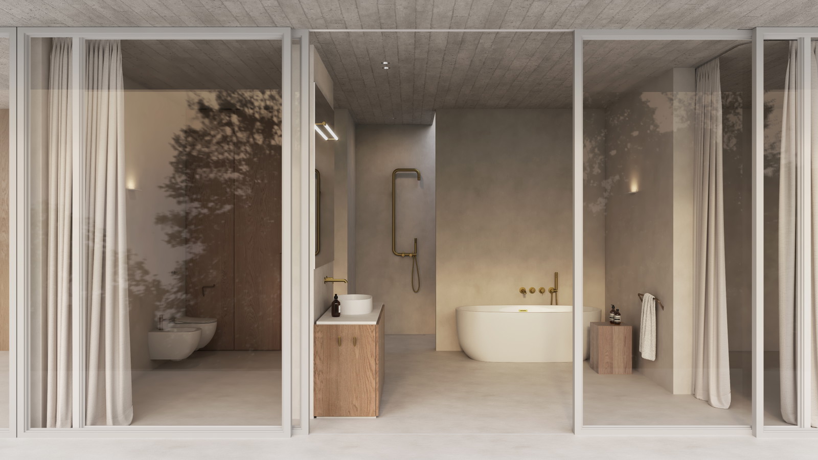 Salle de bains de la collection Deante Silia ouverte sur une grande baie vitrée